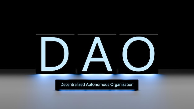 DAO Organización Autónoma Descentralizada Word DAO banner3D render