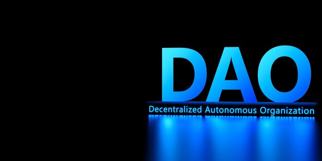 DAO Organización Autónoma Descentralizada Word DAO con copia space3D render