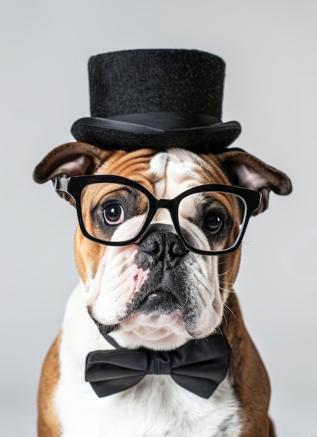Dapper Bulldog vestido com uma gravata preta e um chapéu posa contra um fundo branco