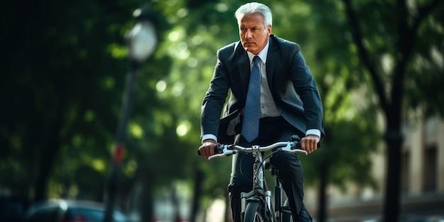 Dapper caballero en bicicleta en la ciudad traje crujiente energía urbana elegante desplazamiento IA generativa