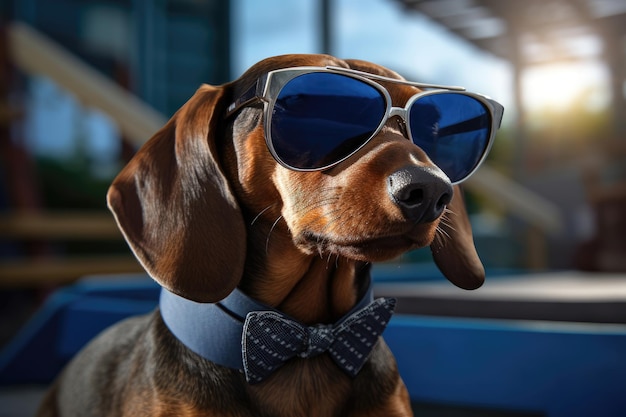Dapper dachshund con gafas de sol y una pajarita tomando el sol