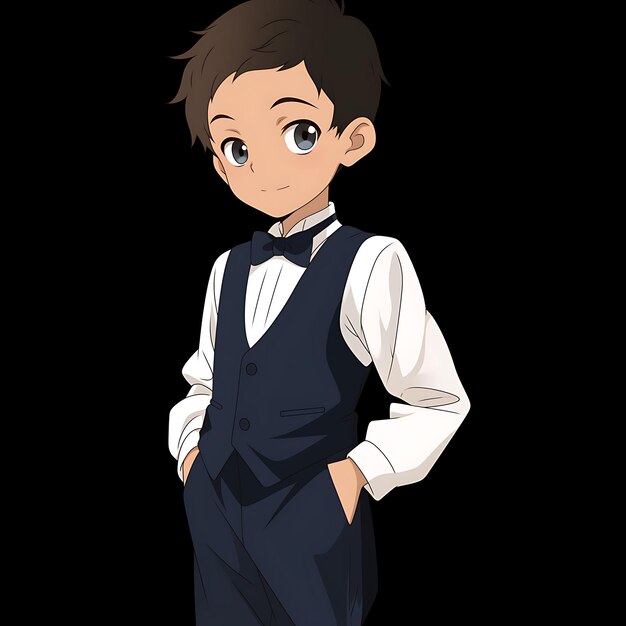 Dapper Niño de 10 años en un traje inspirado en un caballero con un concepto de diseño de ropa de moda Anime