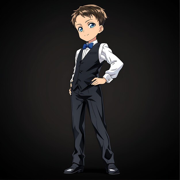 Dapper Niño de 10 años en un traje inspirado en un caballero con un concepto de diseño de ropa de moda Anime