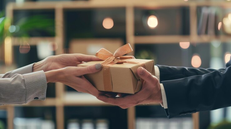 Dar una mano de regalo de negocios de dos profesionales de los negocios en un momento de regalo de IA generativa