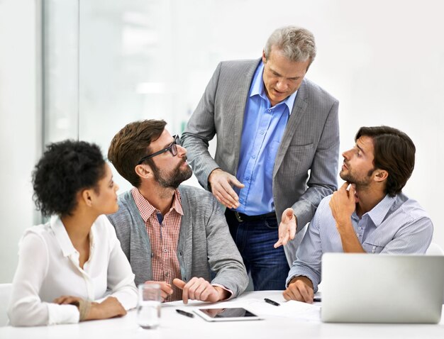 Dar una perspectiva madura del proyecto. Toma de un grupo diverso de profesionales de negocios que tienen una reunión.