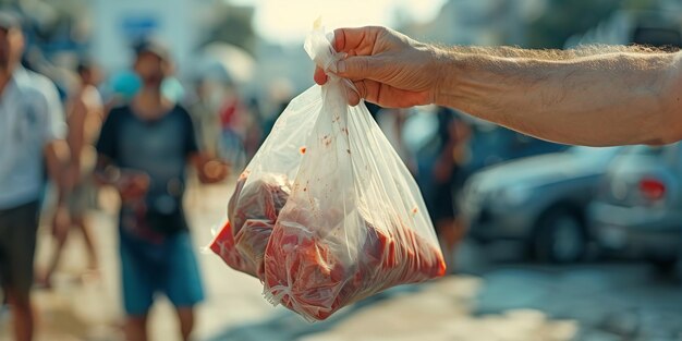 Foto dar promesas o una bolsa de plástico llena de carne sacrificada a los marginados como una forma de mostrar eid aladha derechos iguales y espacio ia generativa