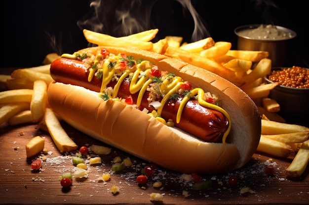 Darauf gibt es einen Hot Dog mit Senf und Ketchup neben Pommes frites generative ai