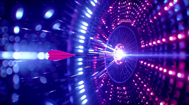 Un dardo futurista golpeando el centro de un objetivo brillante en una vívida escena de túnel iluminado con neón