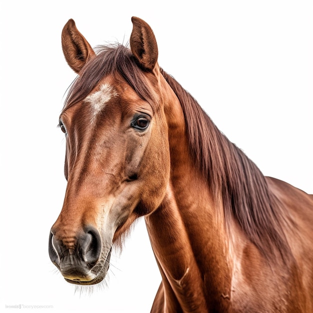 Dargestellt ist ein braunes Pferd mit einem weißen Fleck im Gesicht.