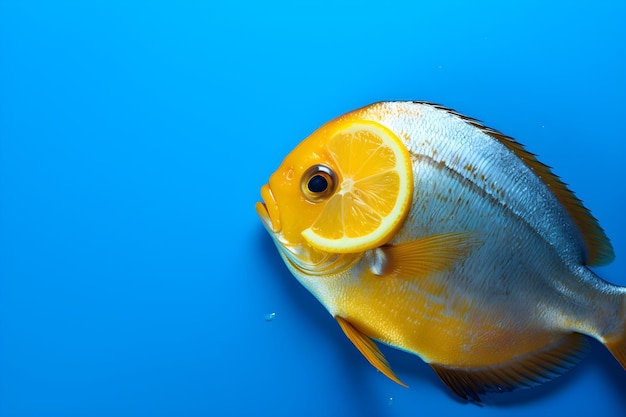 Dargestellt ist ein Fisch mit einer Zitronenscheibe auf dem Kopf.