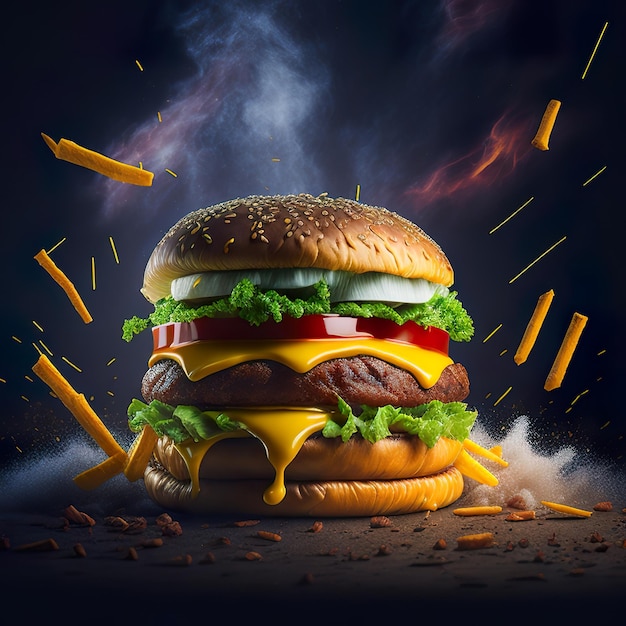 Dargestellt ist ein Hamburger mit Käse und Gemüse, im Hintergrund ein Blitz