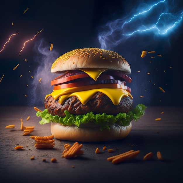 Dargestellt ist ein Hamburger mit Käse und Gemüse, im Hintergrund ein Blitz