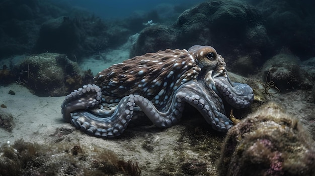 Dargestellt ist ein Oktopus mit einem Fisch im Maul.