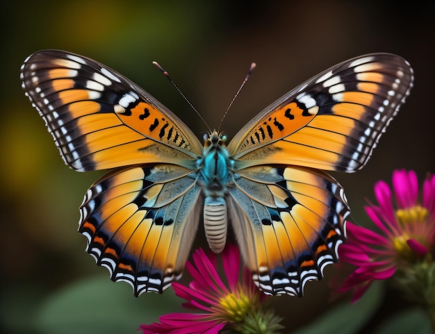 Dargestellt ist ein Schmetterling mit Orange und Schwarz auf den Flügeln.