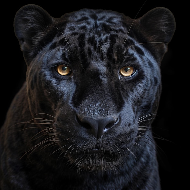 Dargestellt ist ein schwarzer Leopard mit schwarzem Hintergrund.
