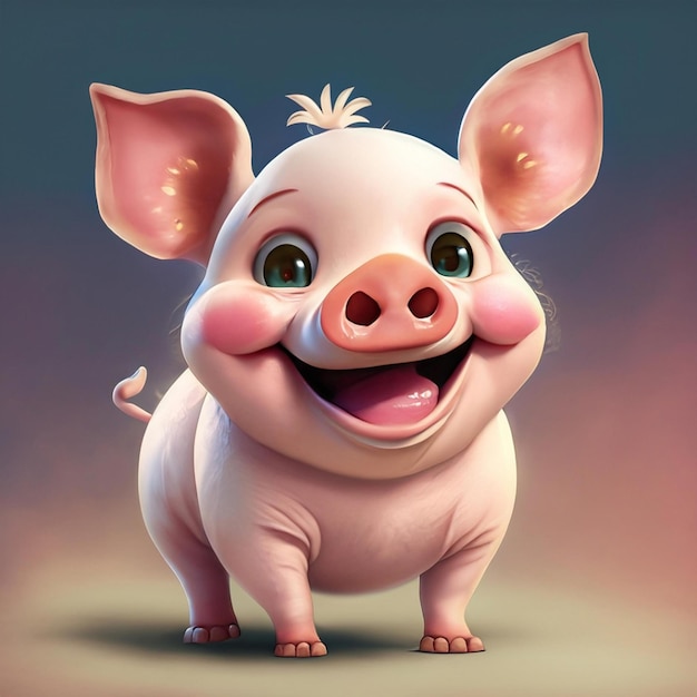 Dargestellt ist ein süßes 3D-Cartoon-Schwein mit schönem Lächeln und blauen Augen