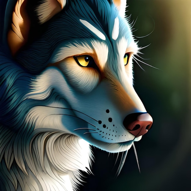 Dargestellt ist ein Wolf mit blauem Gesicht und gelben Augen.
