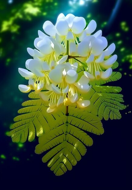 Dargestellt ist eine blume mit weißen blütenblättern und grünen blättern.