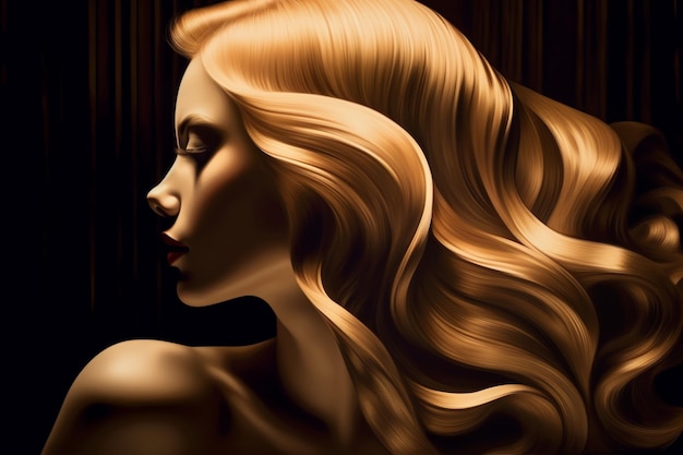 Dargestellt ist eine Frau mit langen blonden Haaren vor dunklem Hintergrund.