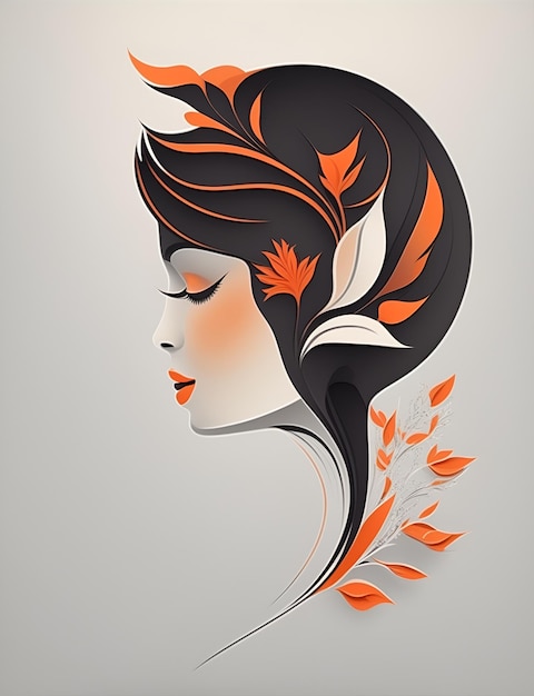 Dargestellt ist eine Frau mit langen Haaren und orangefarbenen Haaren mit Blättern und Zweigen