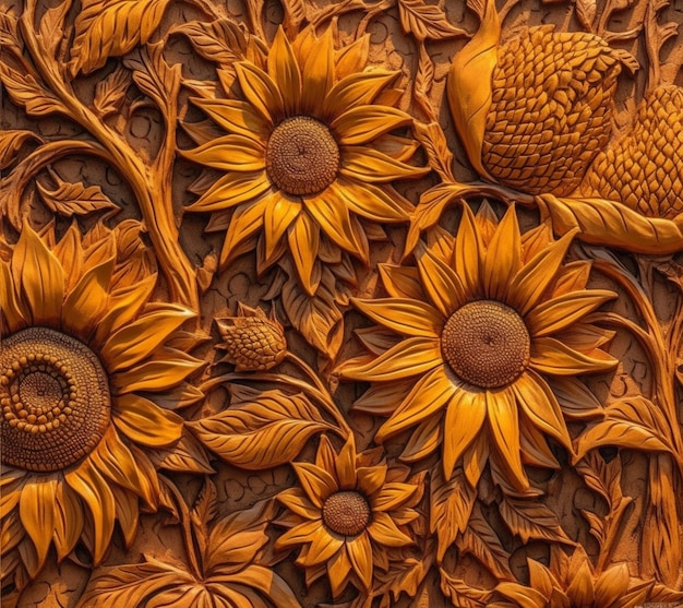 Dargestellt ist eine Holzschnitzerei mit Sonnenblumen und dem Wort „Sonnenblumen“ darauf.