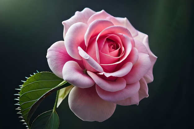 Dargestellt ist eine rosa Rose mit einem grünen Blatt in der Mitte.