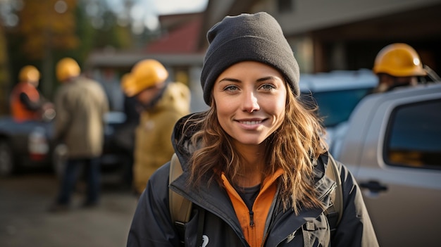 Foto dargestellt ist eine stolze frau mittleren alters, die eine arbeitsweste trägt