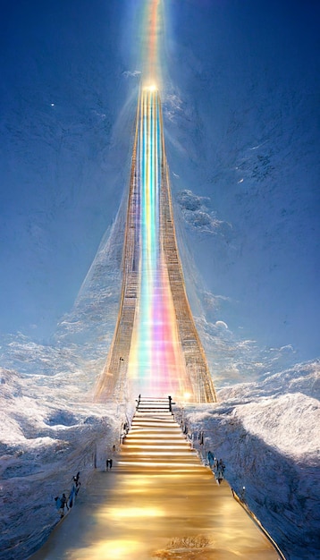 Dargestellt ist eine Treppe zum Himmel mit einem Regenbogen auf der Unterseite.