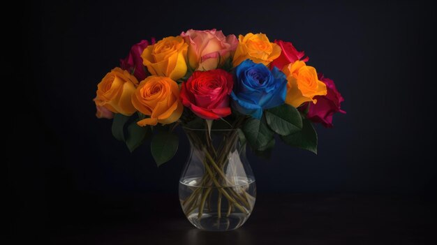 Dargestellt ist eine Vase mit bunten Rosen auf schwarzem Hintergrund.
