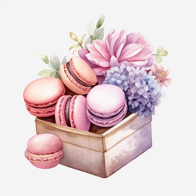 Darin befindet sich eine Schachtel mit Macarons und Blumen