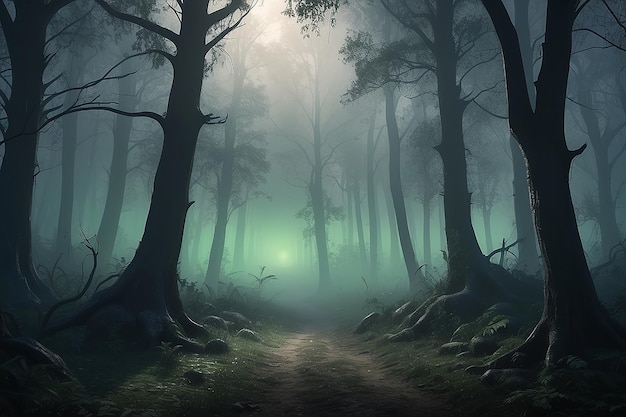 Foto dark forrest mit nebel-horror 3d-halloween-design illustriert