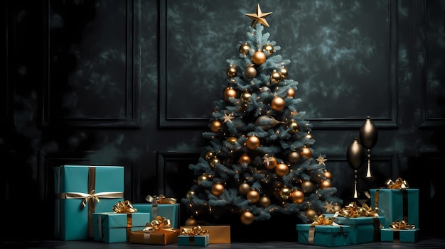 Dark GreenWalled Natal e Setup de Ano Novo com Árvore e Presentes Gerados pela IA