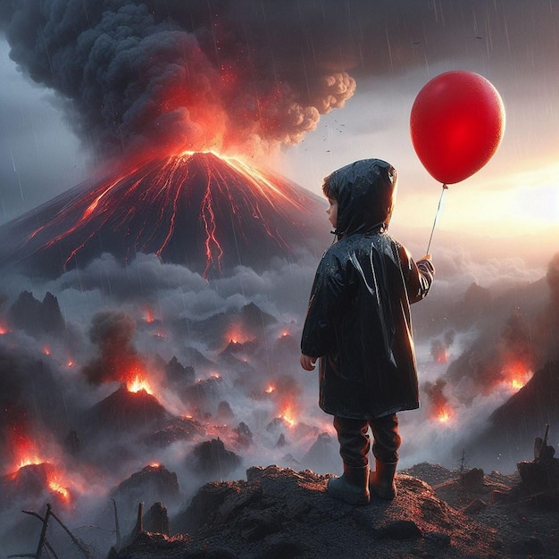 Foto dark mysterious smokey volcano fantasy dreamlike standing boy arte digital ilustração única atmosp