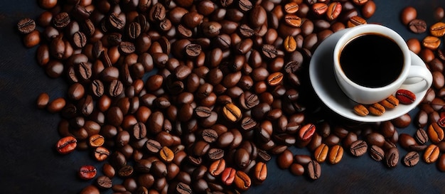 Dark Roast Delight sinfonia visual de grãos de café e uma chávena de expresso em um fundo preto elegante