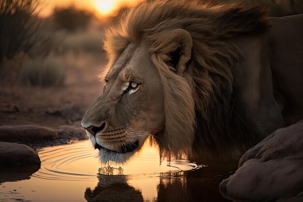 DarkManed Lion löscht den Durst in Clear Stream mit der generativen KI Sunset View