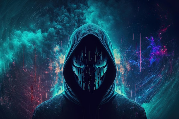 Darknet- und Cybersicherheitskonzept mit anonymer Person auf abstraktem digitalem hellem Hintergrund