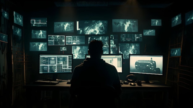 Darkweb-Hacker-Szene mit einer Hacker-Silhouette vor mehreren Computerbildschirmen
