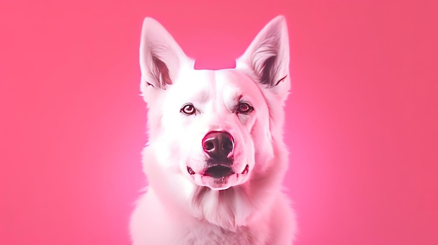 Darstellung des reinrassigen Hündchens White Shepherd, das über einem Studiofundament in einem neonfarbenen, schrägen rosa Lichtkanal steht. Kreative Ressource AI generiert