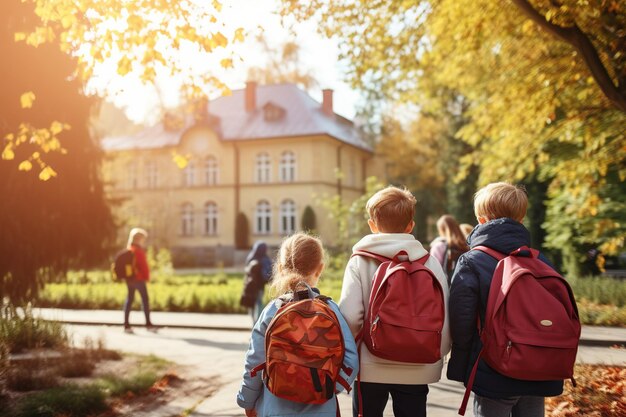 Foto darstellung einer gruppe von kindern mit stehenden rucksäcken