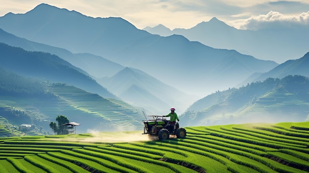 Darstellung eines Bauern, der das Feld mit einem Traktor im Hintergrund pflügt