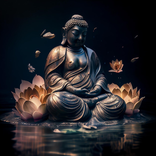 Darstellung von Buddha, der in der Lotusposition sitzt und in einem Teich meditiert, und mit Rosen- und Lotusblättern, die in der Umgebung schweben Generatives KI-Bild