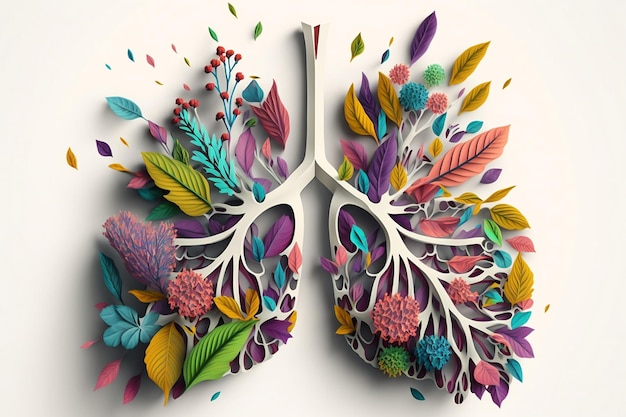 Das 3D-Bild des floralen menschlichen Lungen-Brustgesundheitskonzepts wird mit Hilfe eines AI-Blumendesign-Pflanzenblüten-bunten Gartens mit weißem Hintergrund generiert