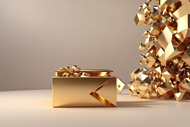 Das 3D-Rendering-Konzept der goldenen Geschenkbox öffnet sich und zeigt luxuriöse geometrische Elemente und Leerraum im Inneren für kommerzielles Design 3D-Rendering