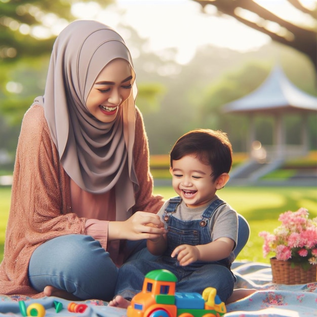 Das 4K-Bild sollte eine asiatische Mutter in einem bescheidenen Hijab zeigen