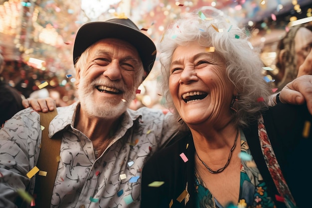 Das 70-jährige Paar lächelt beim Karneval mit Konfetti. Ein schönes pensioniertes Paar feiert den Karneval, lacht und genießt die Party.