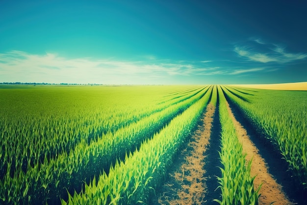 Das Ackerland eines üppigen Maisfeldes unter einem klaren Himmel Die landwirtschaftliche Region der Ukraine befindet sich in Europa