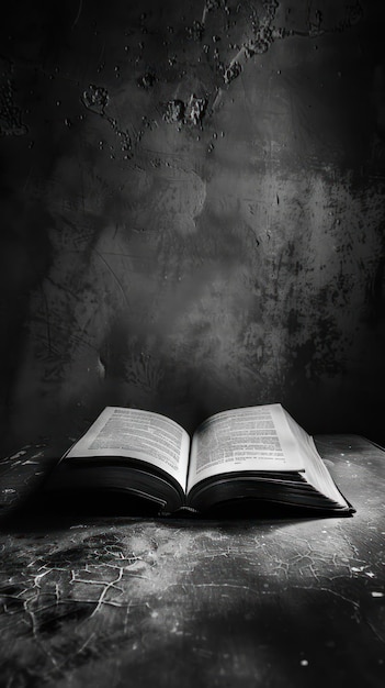 Das alte Buch auf einem dunklen Hintergrund Schwarz-Weiß-Foto