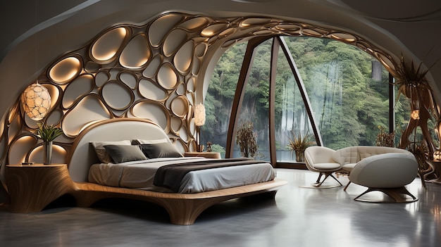 Das arametrische Voronoi-Design für das Kopfteil des Schlafzimmerbetts setzt sich mit der Decke fort