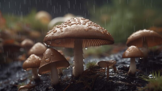 Das Auftauchen verschiedener Pilze und Pilze nach einem Regen