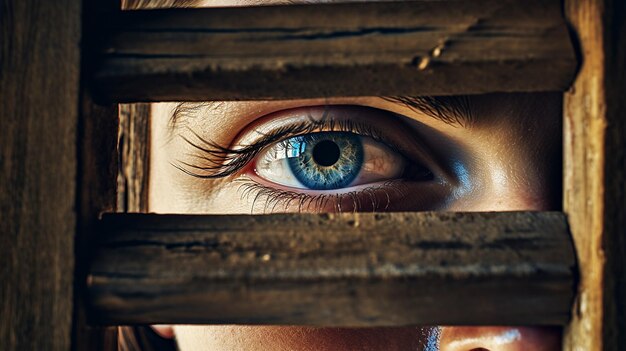 Das Auge einer Frau blickt durch eine Holzkonstruktion